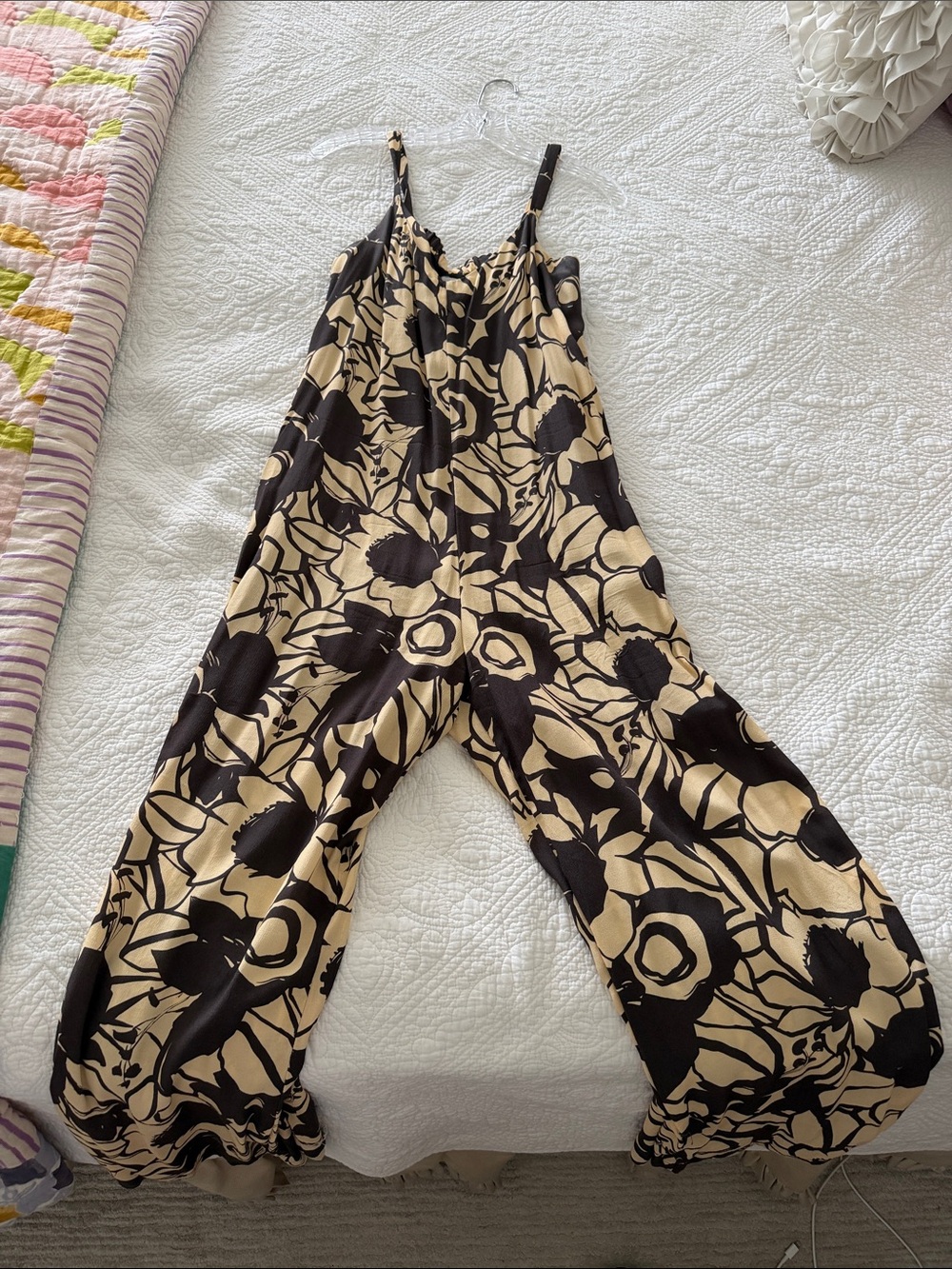 Black & Cream Floral Wide-Leg Romper with Adjustable Straps